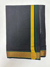 Load image into Gallery viewer, Men&#39;s Pure Cotton Single Layer Black Dhoti with Angavastram (Towel) - Gold Jari with Velcro