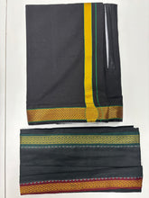 Load image into Gallery viewer, Men&#39;s Pure Cotton Single Layer Black Dhoti with Angavastram (Towel) - Gold Jari with Velcro