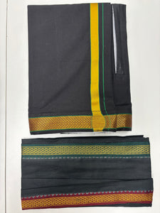 Men's Pure Cotton Single Layer Black Dhoti with Angavastram (Towel) - Gold Jari with Velcro