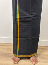 Load image into Gallery viewer, Men&#39;s Pure Cotton Single Layer Black Dhoti with Angavastram (Towel) - Gold Jari Mayilkhan Border