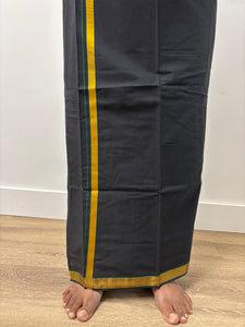 Men's Pure Cotton Single Layer Black Dhoti with Angavastram (Towel) - Gold Jari Mayilkhan Border