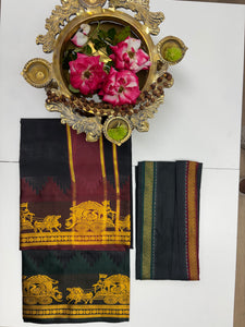 Men's Cotton Blend Single Layer Reversible Black Dhoti with Angavastram (Towel) – Design Border