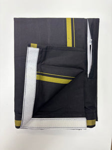 Men's Pure Cotton Single Layer Black Dhoti with Angavastram (Towel) - Gold Jari with Velcro