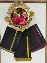 Load image into Gallery viewer, Men&#39;s Pure Cotton Single Layer Black Dhoti with Angavastram (Towel) - Gold Jari with Velcro