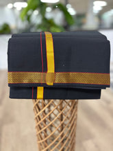 Load image into Gallery viewer, Men&#39;s Pure Cotton Single Layer Black Dhoti with Angavastram (Towel) - Gold Jari Mayilkhan Border