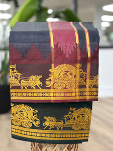 Men's Cotton Blend Single Layer Reversible Black Dhoti with Angavastram (Towel) – Design Border