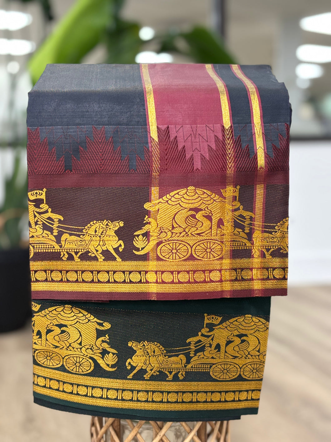 Men's Cotton Blend Single Layer Reversible Black Dhoti with Angavastram (Towel) – Design Border