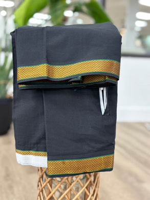 Men's Pure Cotton Single Layer Black Dhoti with Angavastram (Towel) - Gold Jari with Velcro