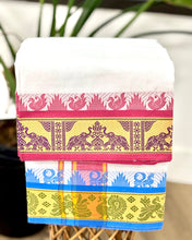 Load image into Gallery viewer, Jacquard Cotton Blend White Dhoti with Reversible Border