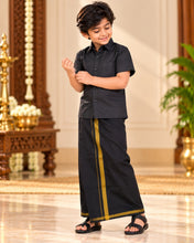 Load image into Gallery viewer, Boys' Classic Black Half Sleeve Shirt &amp; Dhoti Set with Mustard Gold Border
