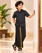 Load image into Gallery viewer, Boys' Classic Black Half Sleeve Shirt &amp; Dhoti Set with Mustard Gold Border
