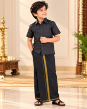 Load image into Gallery viewer, Boys' Classic Black Half Sleeve Shirt &amp; Dhoti Set with Mustard Gold Border