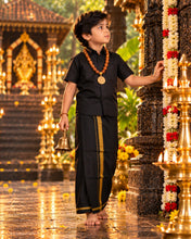 Load image into Gallery viewer, Boys' Classic Black Half Sleeve Shirt &amp; Dhoti Set with Mustard Gold Border