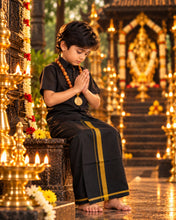 Load image into Gallery viewer, Boys' Classic Black Half Sleeve Shirt &amp; Dhoti Set with Mustard Gold Border