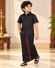 Load image into Gallery viewer, Boys' Classic Black Half Sleeve Shirt &amp; Dhoti Set with Maroon Border