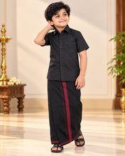 Load image into Gallery viewer, Boys' Classic Black Half Sleeve Shirt &amp; Dhoti Set with Maroon Border