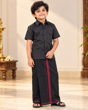Load image into Gallery viewer, Boys' Classic Black Half Sleeve Shirt &amp; Dhoti Set with Maroon Border