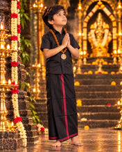Load image into Gallery viewer, Boys' Classic Black Half Sleeve Shirt &amp; Dhoti Set with Maroon Border