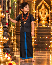 Load image into Gallery viewer, Boys' Classic Black Half Sleeve Shirt &amp; Dhoti Set with Royal Blue Border