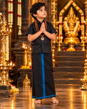 Load image into Gallery viewer, Boys' Classic Black Half Sleeve Shirt &amp; Dhoti Set with Royal Blue Border