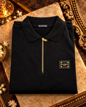 Load image into Gallery viewer, Men's Premium Black Branded Square Logo Patch Half Sleeve Zip Polo T-Shirt