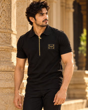 Load image into Gallery viewer, Men's Premium Black Branded Square Logo Patch Half Sleeve Zip Polo T-Shirt