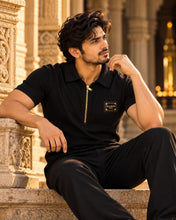 Load image into Gallery viewer, Men's Premium Black Branded Square Logo Patch Half Sleeve Zip Polo T-Shirt