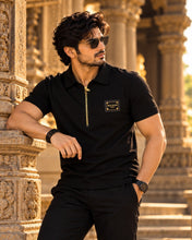 Load image into Gallery viewer, Men's Premium Black Branded Square Logo Patch Half Sleeve Zip Polo T-Shirt
